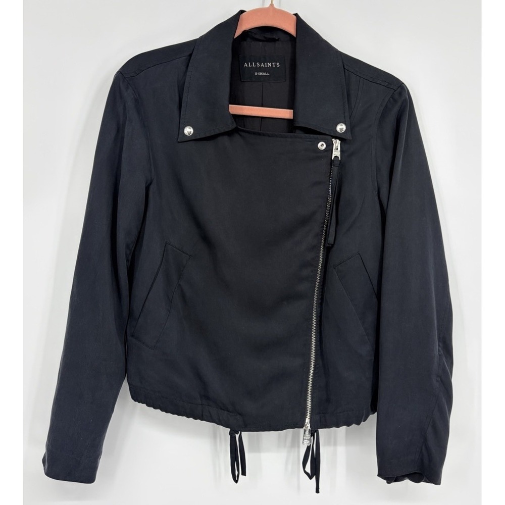 All Saints Macey Notch Lapel Black Moto Jacket‎ Size XS Microfiber